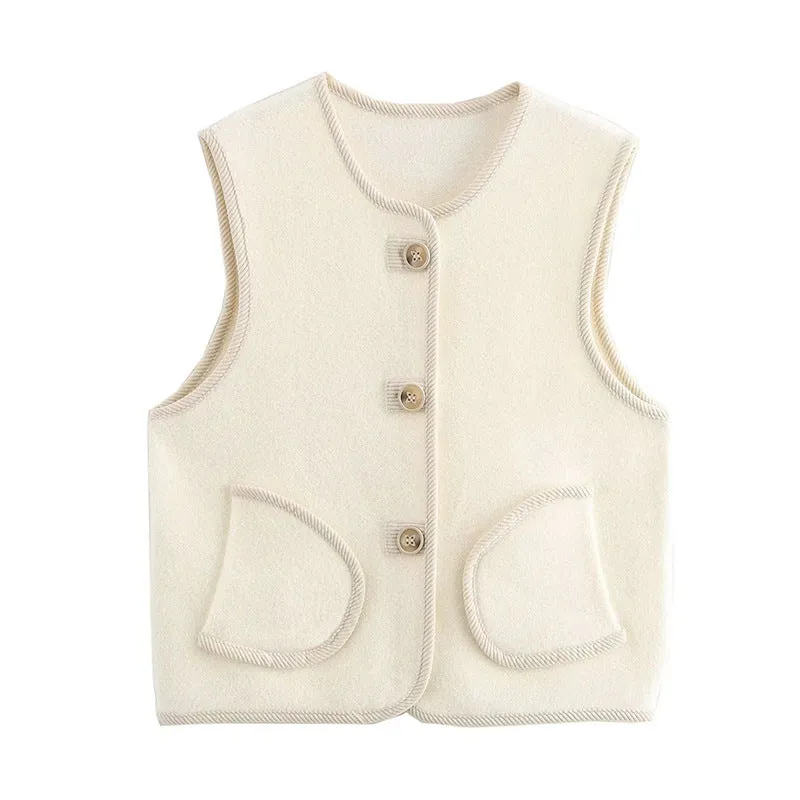 Pre Order: Loose Fit Sleeveless Trimmed Pocket  Pearl Fleece Vest