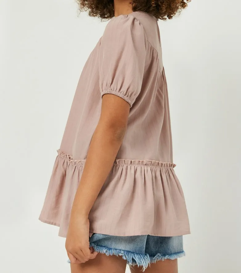 Puff Sleeve Textured Tunic Top- Mauve