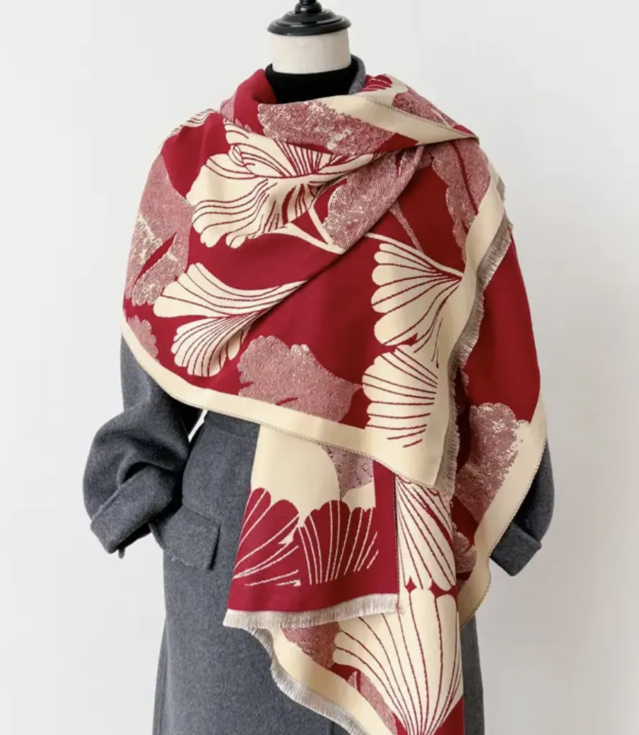 Red & Cream Ginkgo Reversible Wrap