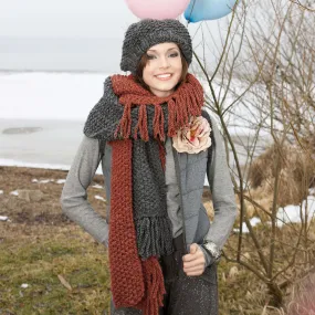 Red Heart Knit Fringed Hat And Scarf