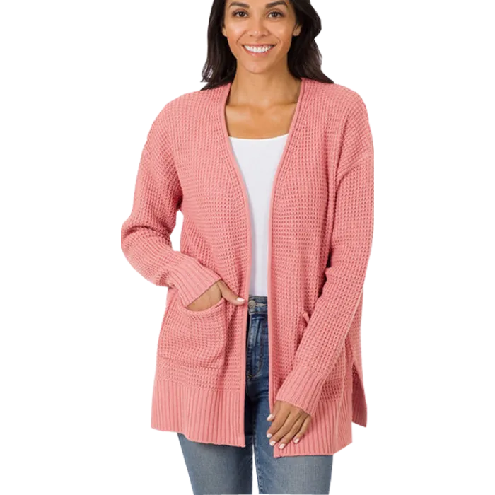 Rose Waffle Weave Open Cardigan