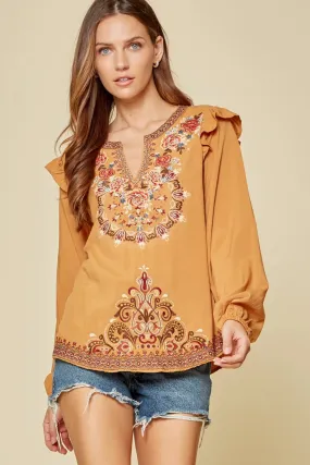 Ruffle Detail Embroidered Blouse, Marigold