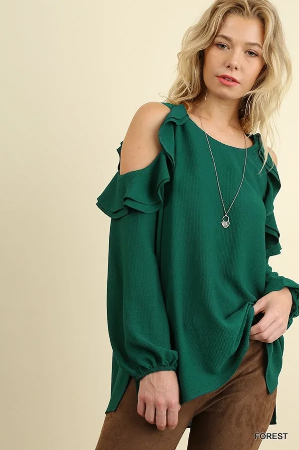 Ruffle Open Shoulder Blouse, Forest