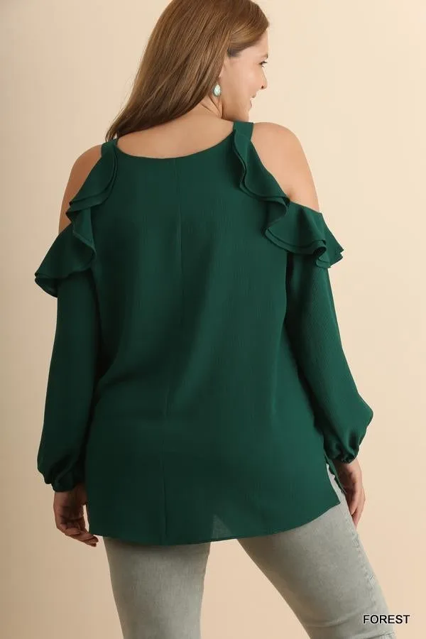 Ruffle Open Shoulder Blouse, Forest