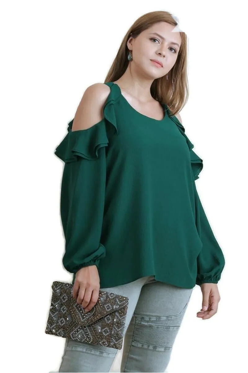 Ruffle Open Shoulder Blouse, Forest