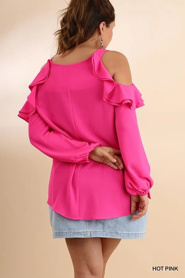 Ruffle Open Shoulder Blouse, Pink