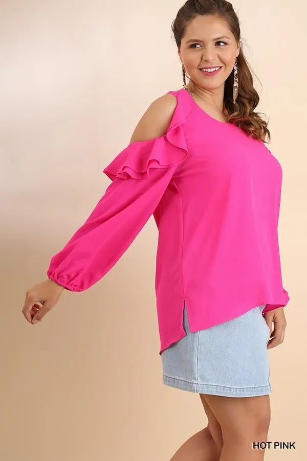 Ruffle Open Shoulder Blouse, Pink