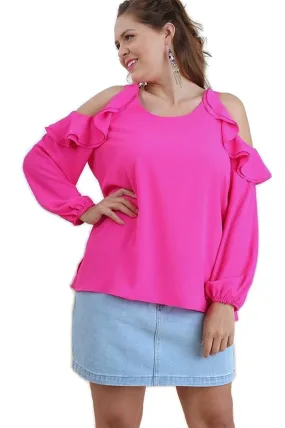 Ruffle Open Shoulder Blouse, Pink