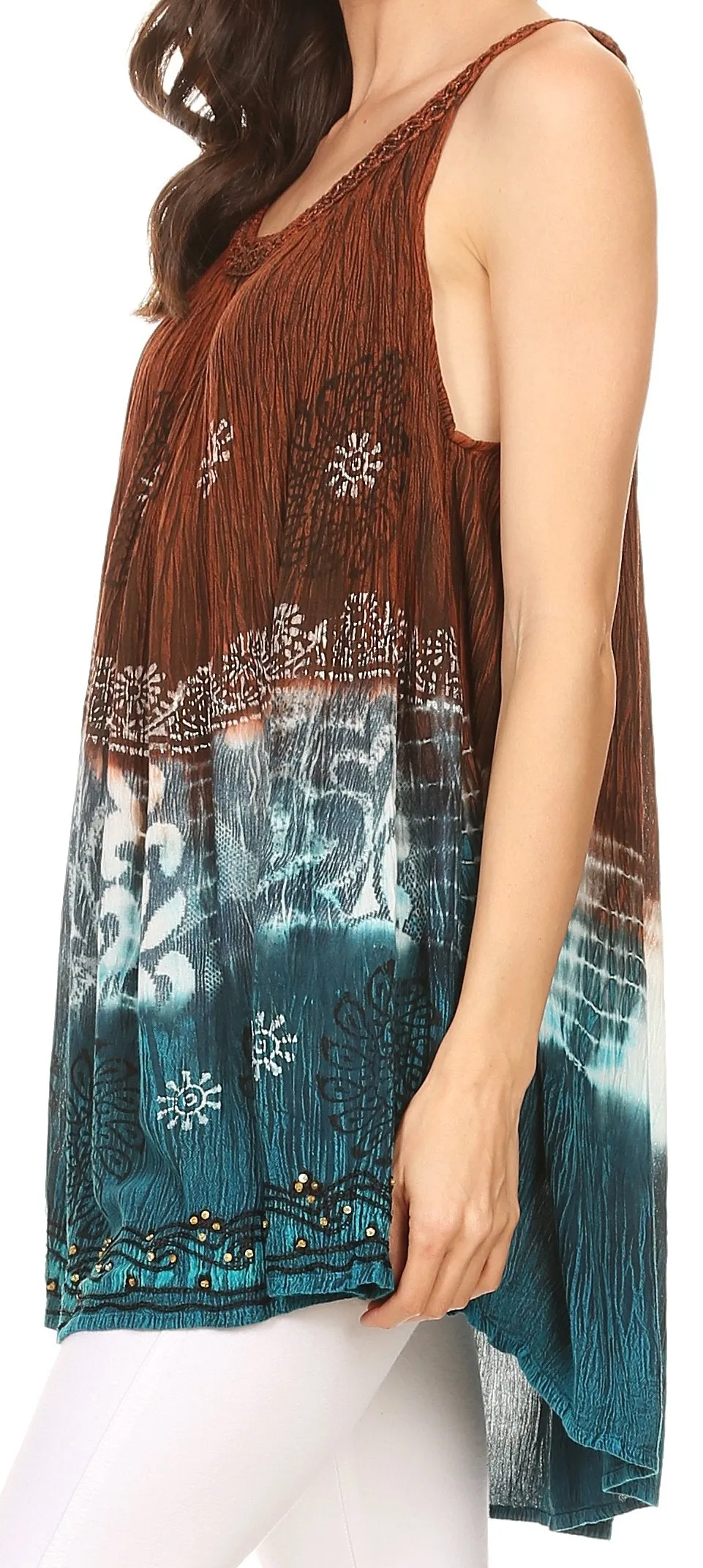 Sakkas Cecily Crinkle Floral Batik Tank with Sequins and Embroidery