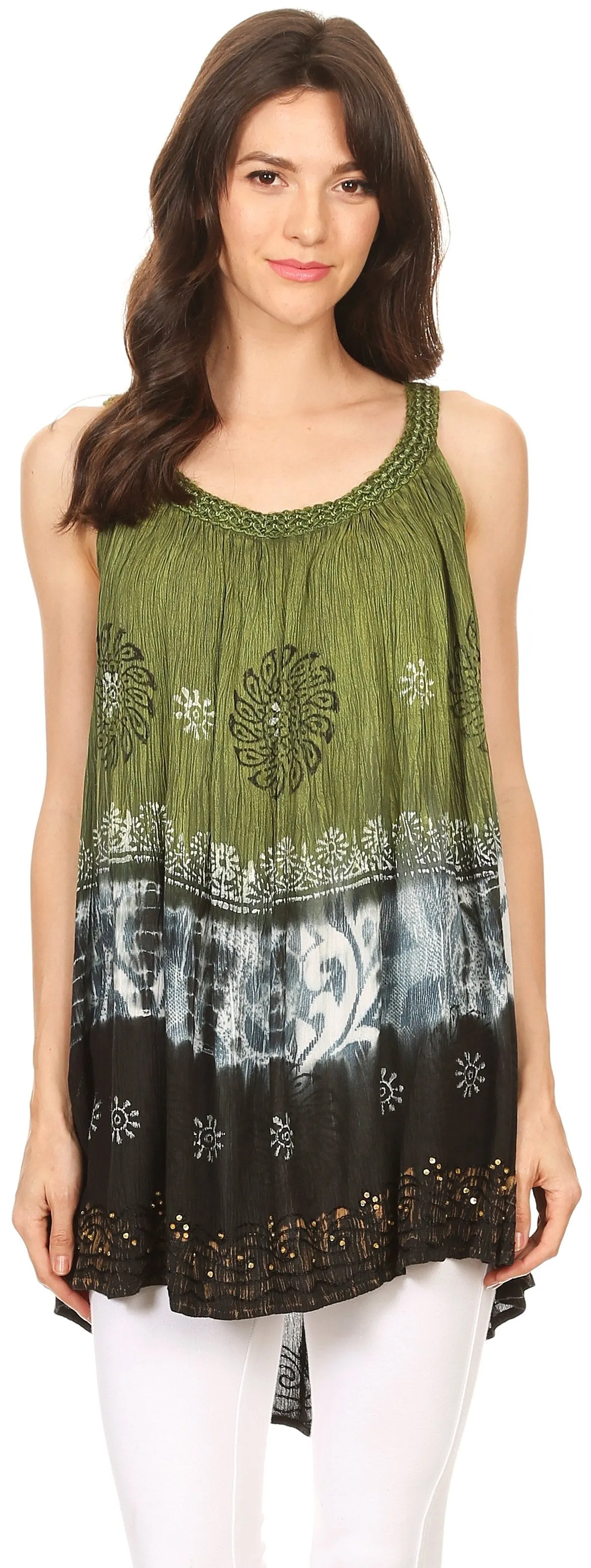 Sakkas Cecily Crinkle Floral Batik Tank with Sequins and Embroidery