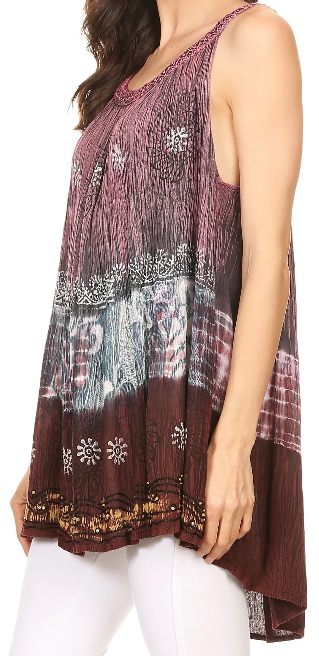 Sakkas Cecily Crinkle Floral Batik Tank with Sequins and Embroidery