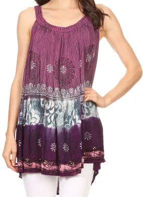 Sakkas Cecily Crinkle Floral Batik Tank with Sequins and Embroidery