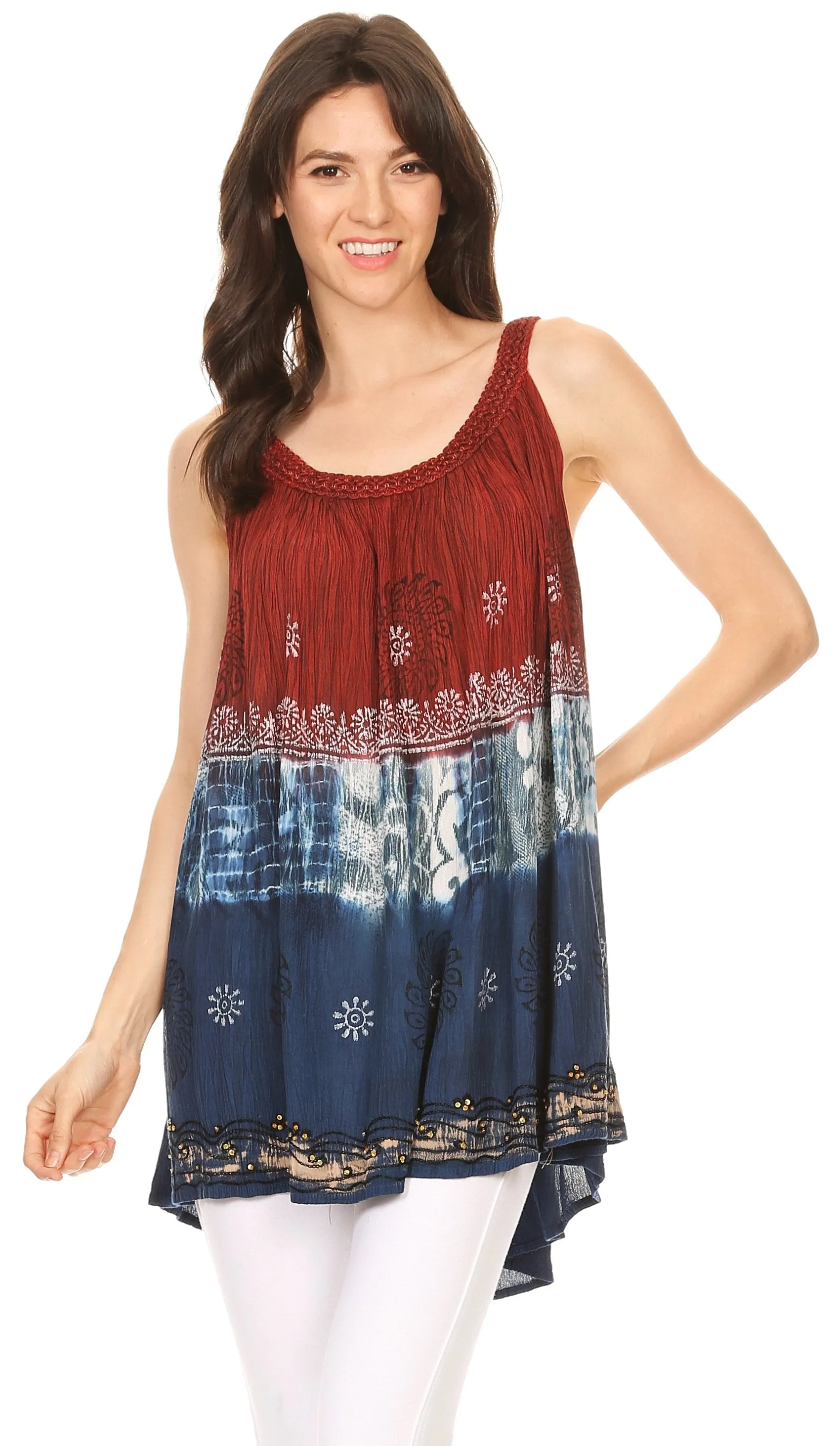 Sakkas Cecily Crinkle Floral Batik Tank with Sequins and Embroidery