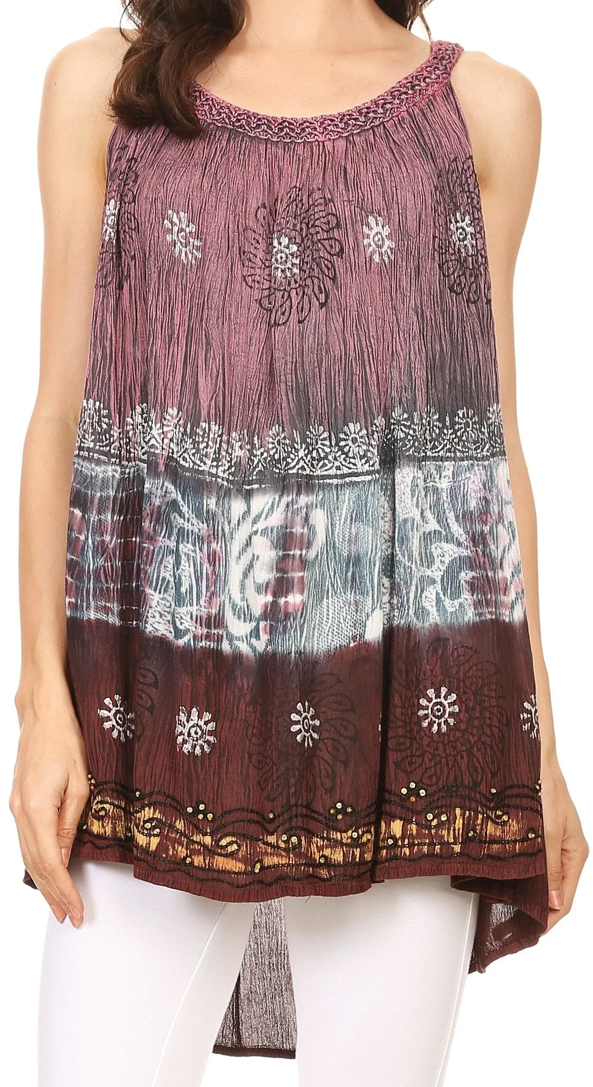 Sakkas Cecily Crinkle Floral Batik Tank with Sequins and Embroidery