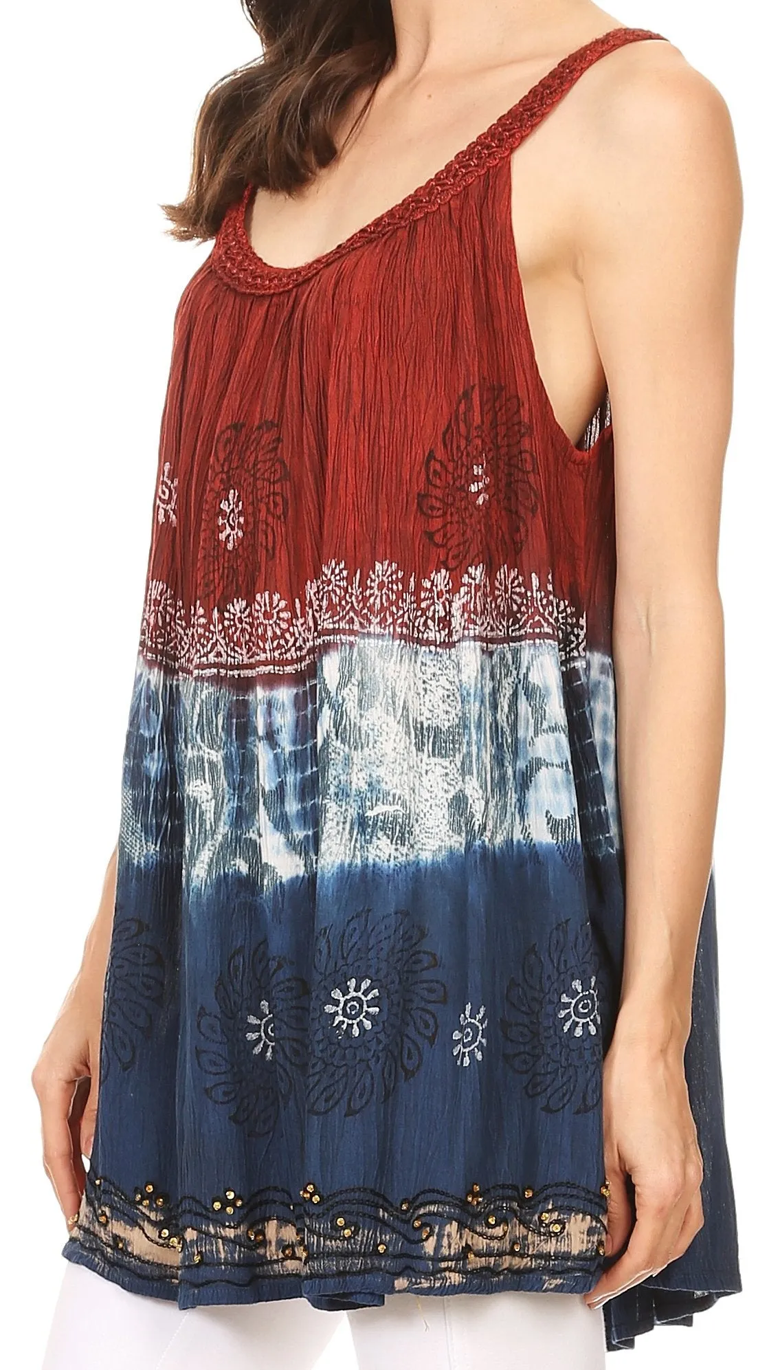 Sakkas Cecily Crinkle Floral Batik Tank with Sequins and Embroidery