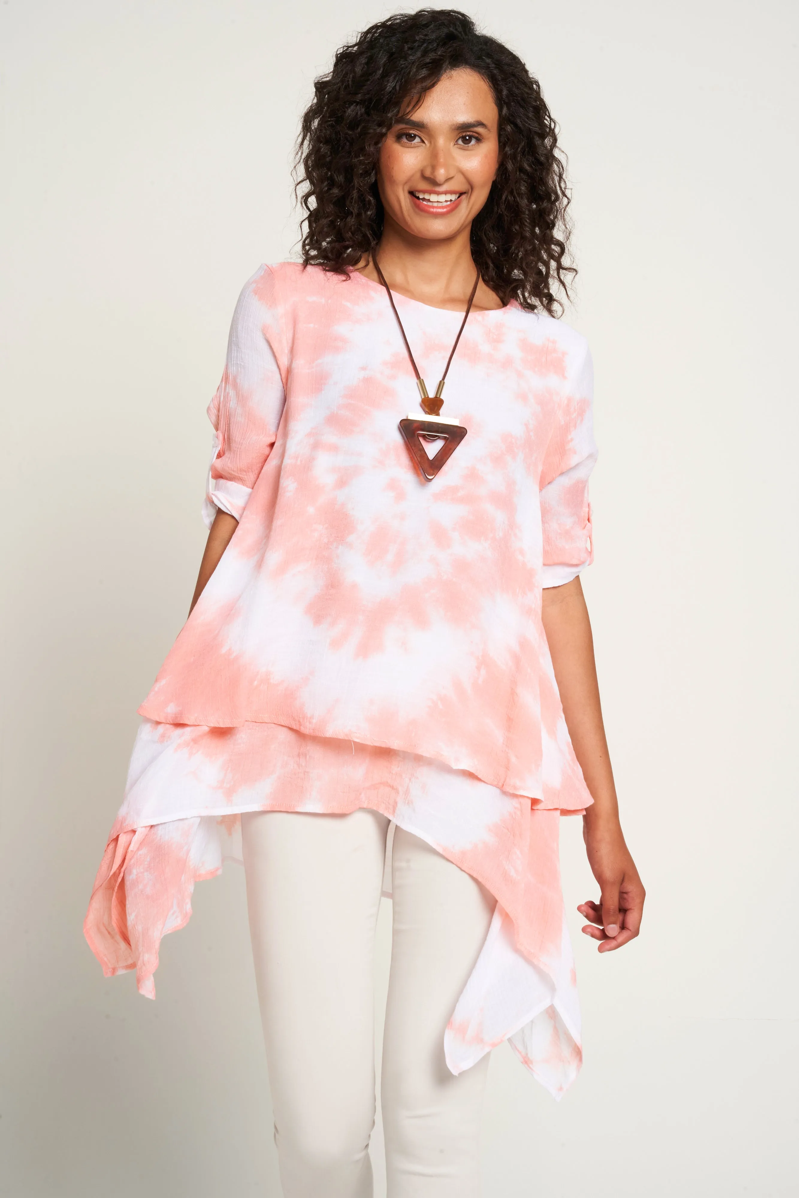 Saloos A-line Tie & Dye Layered Tunic with Necklace