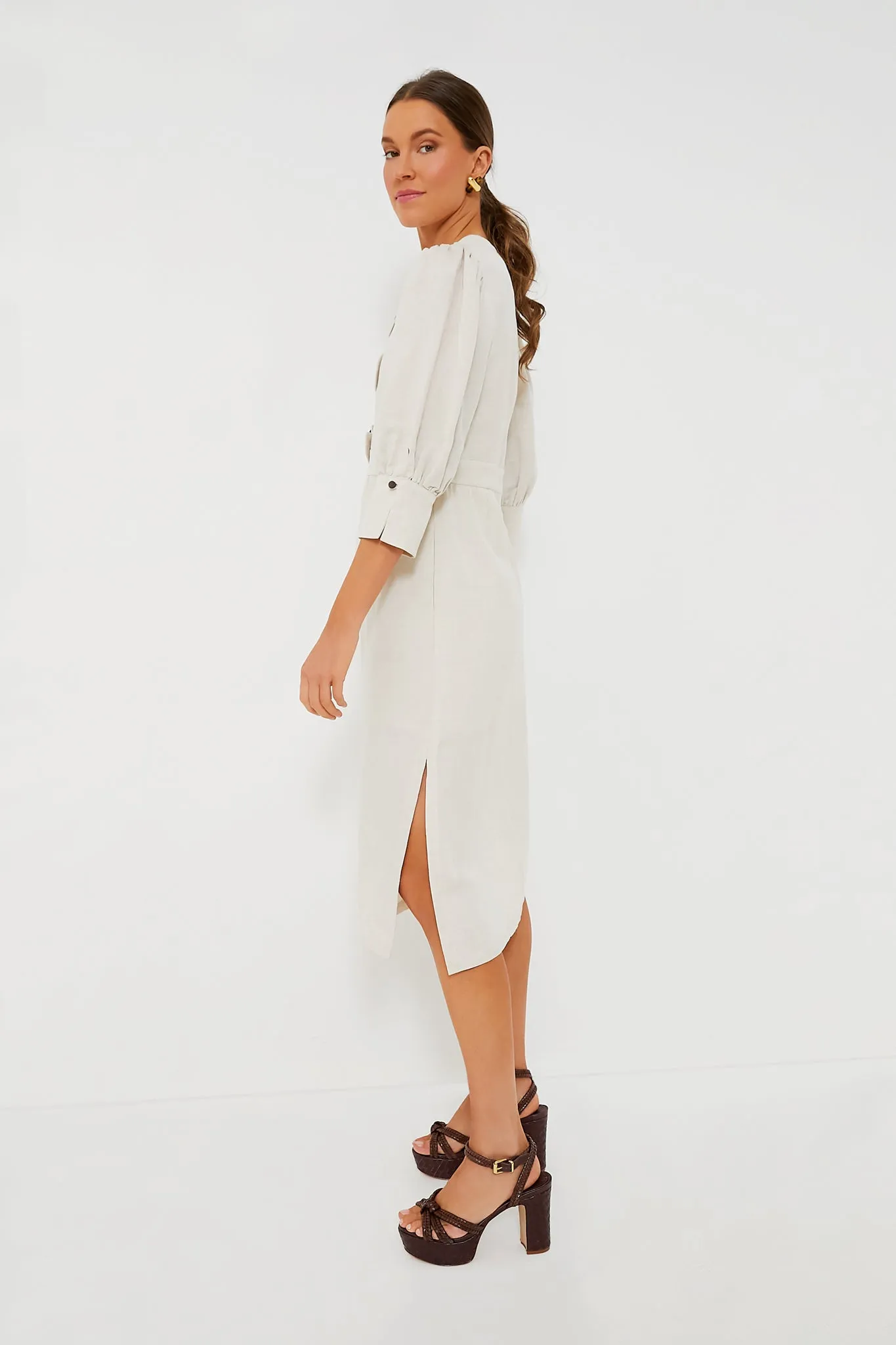 Sand Demi Puff Sleeve Midi Dress