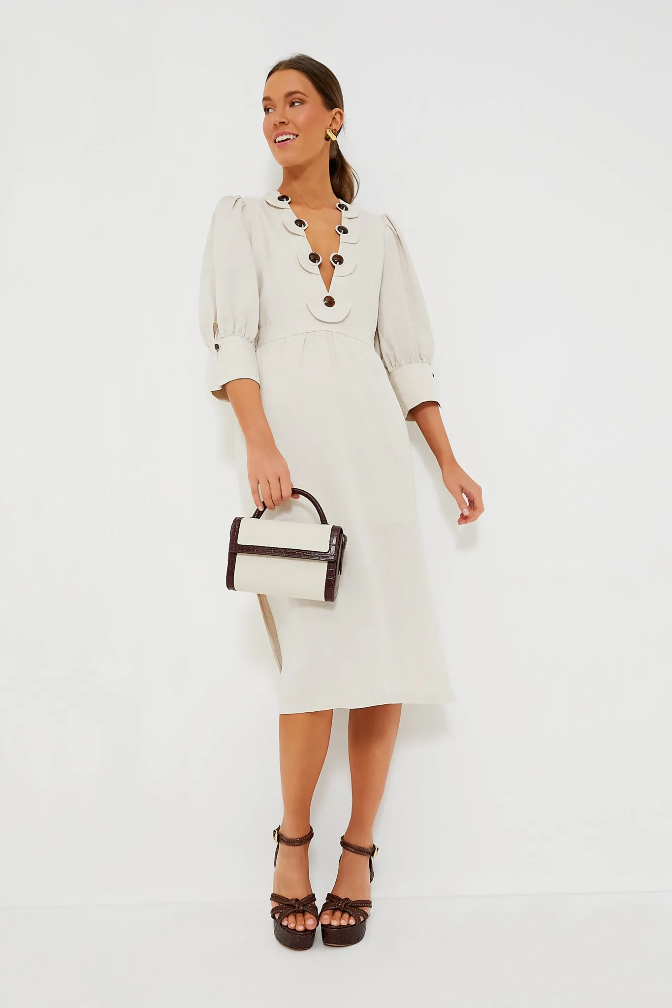 Sand Demi Puff Sleeve Midi Dress