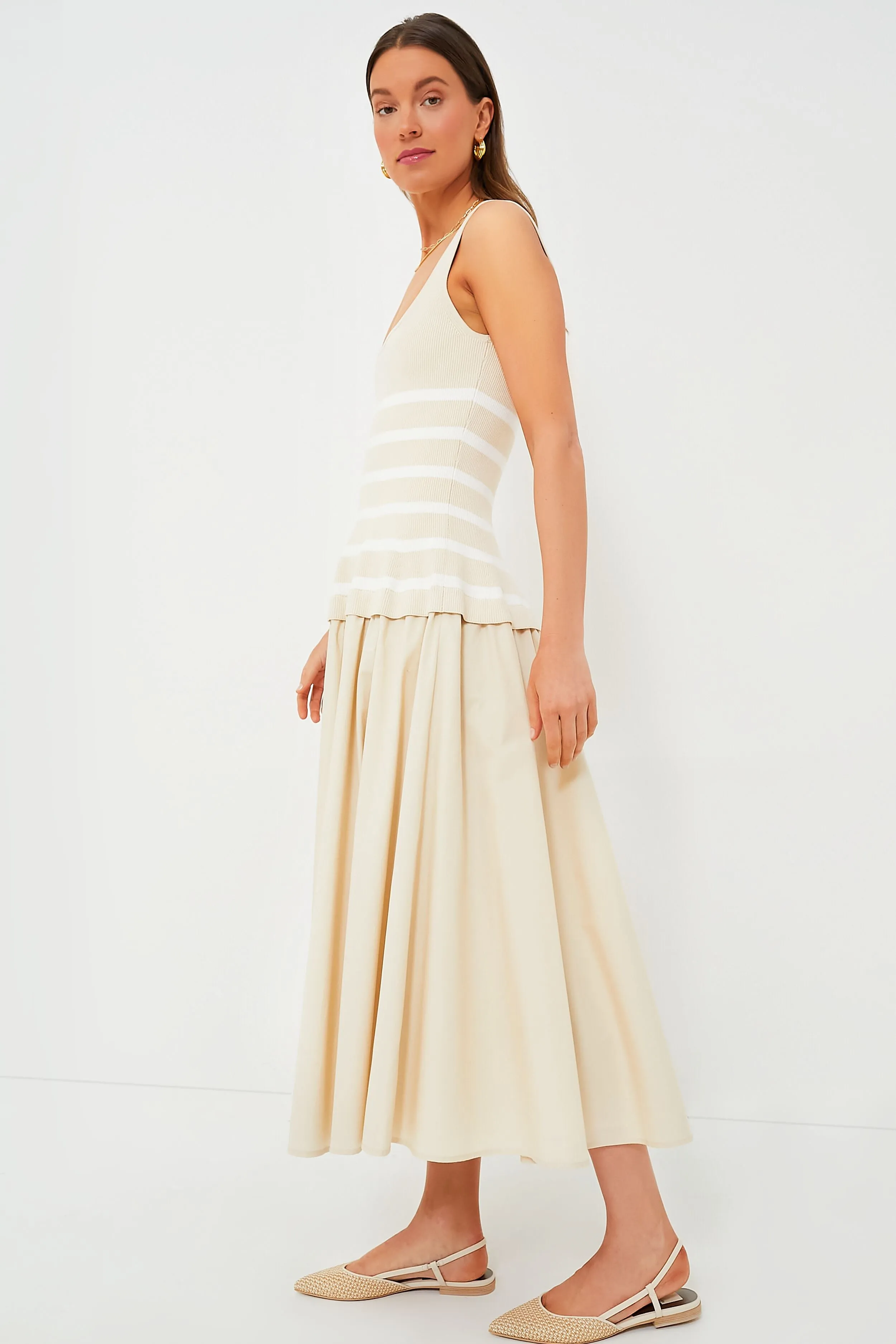 Sand Stripe Silas Knit Bodice Midi Dress