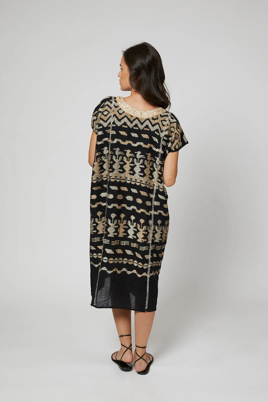 Santa Lucia Embroidered Guatemalan Kaftan - Black, Champagne