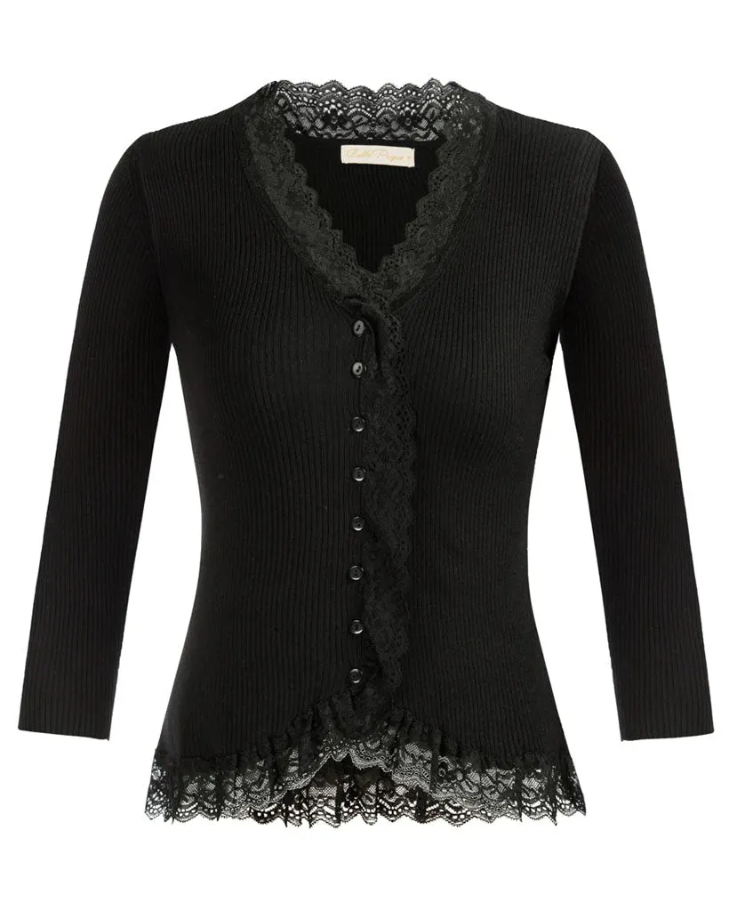 Seckill Offer⌛Lace Patchwork Cardigan Sweater 3/4 Sleeve V-Neck Button-up Knitwear