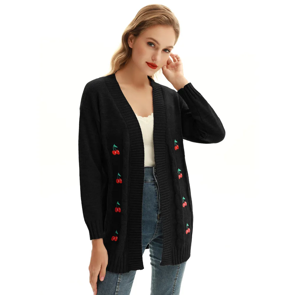 Seckill Offer⌛Vintage Cherry Printed Loose Fit Cardigan Sweater Open Front Cable Knitted Knitwear