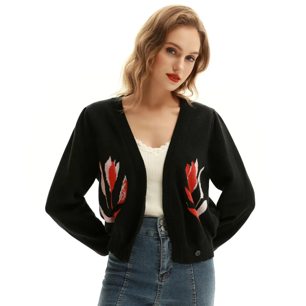 Seckill Offer⌛Wrap V Neck Long Sleeve Tulip Cropped Knit Cardigan Sweater