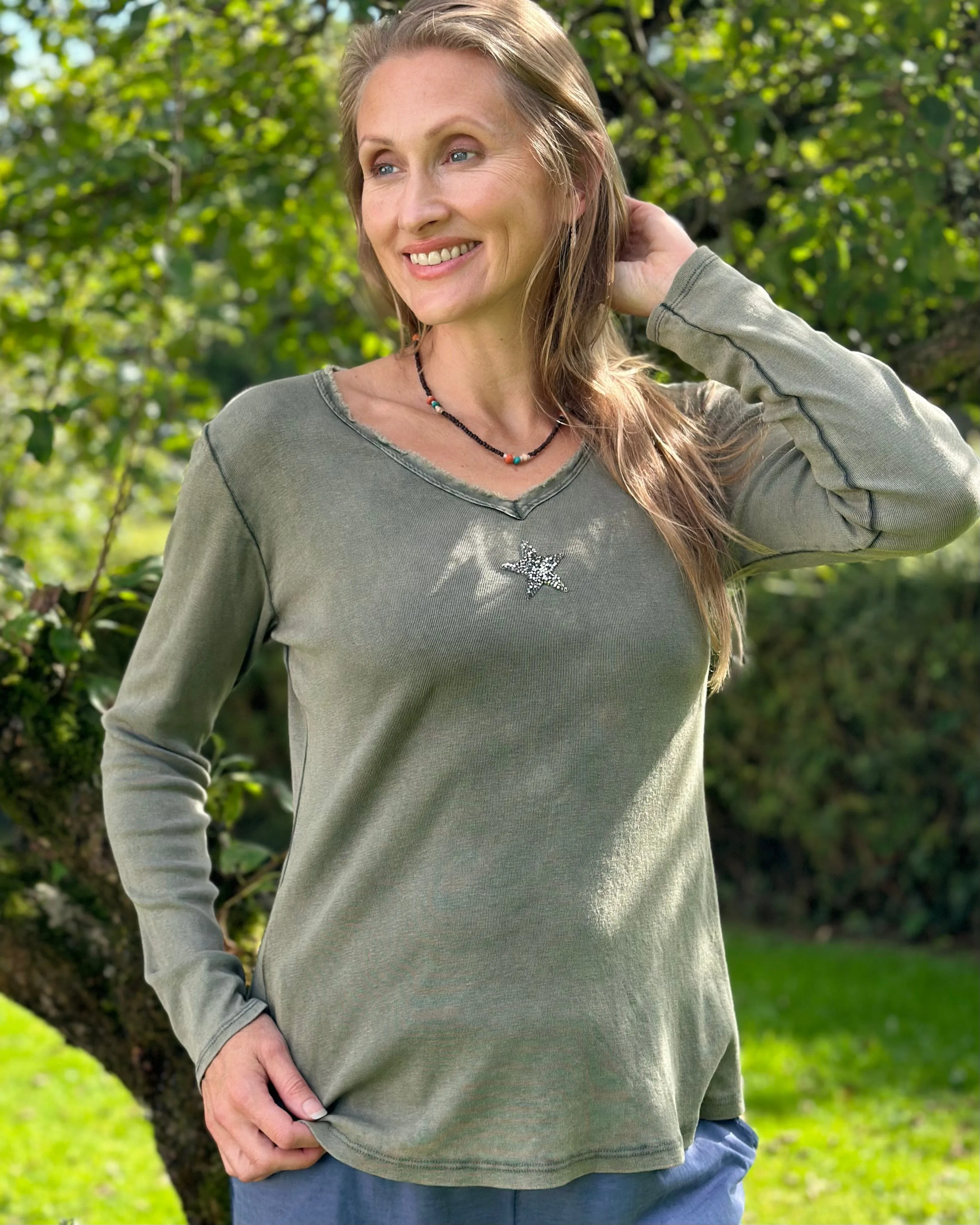 Sequin Star Long Sleeved T-Shirt - Khaki