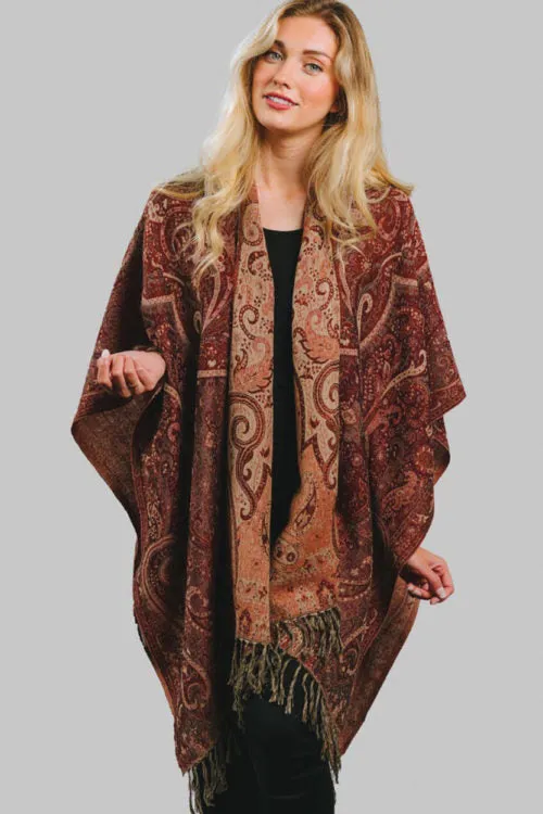 Sevya Jamevar Wool & Cotton Poncho Maroon