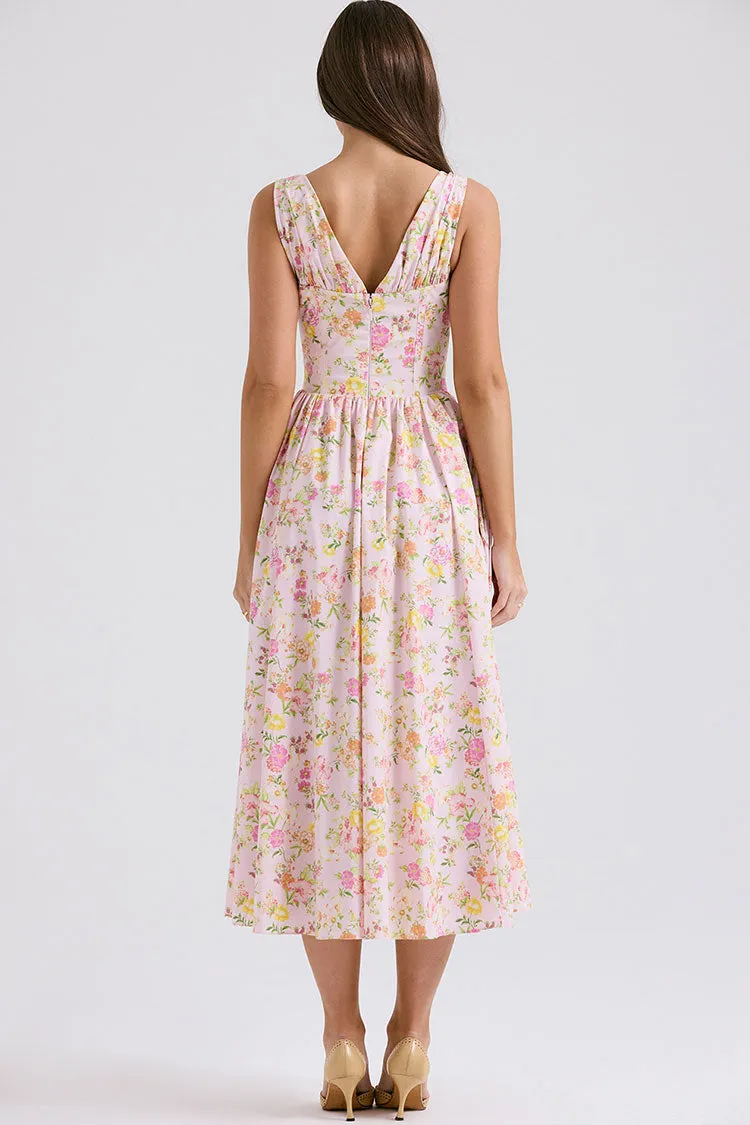 Sexy Bow Tie Deep V Ruched Drop Waist Pocket Corset Floral Midi Sundress - Pink