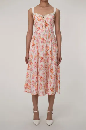 Sexy Tie Neck High Split Floral Printed Summer Midi Sundress - Beige