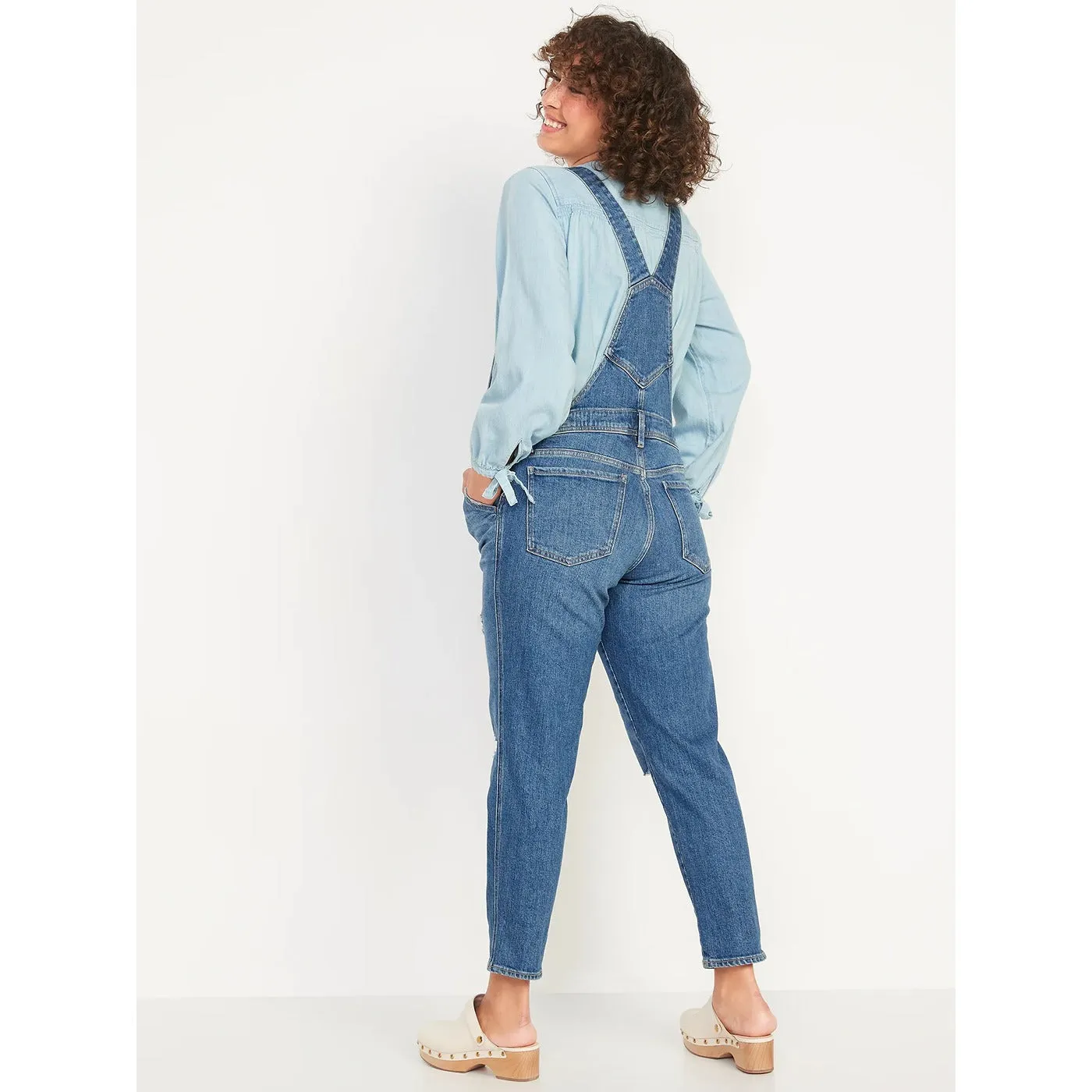 Side-Panel Straight Ripped Jean Overalls