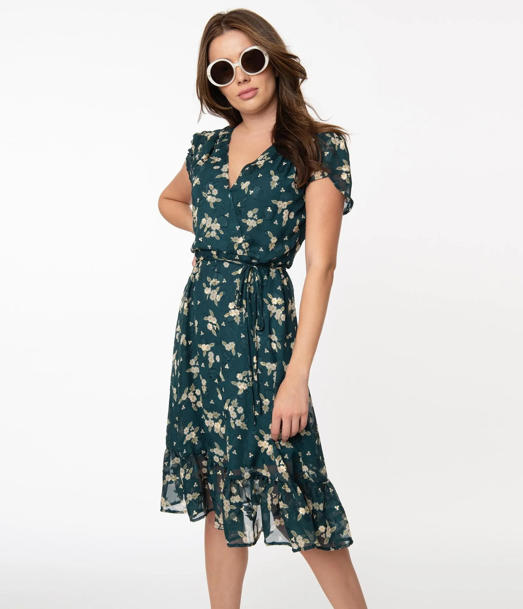 Smak Parlour Teal & White Floral Hide & Go Chic Midi Dress