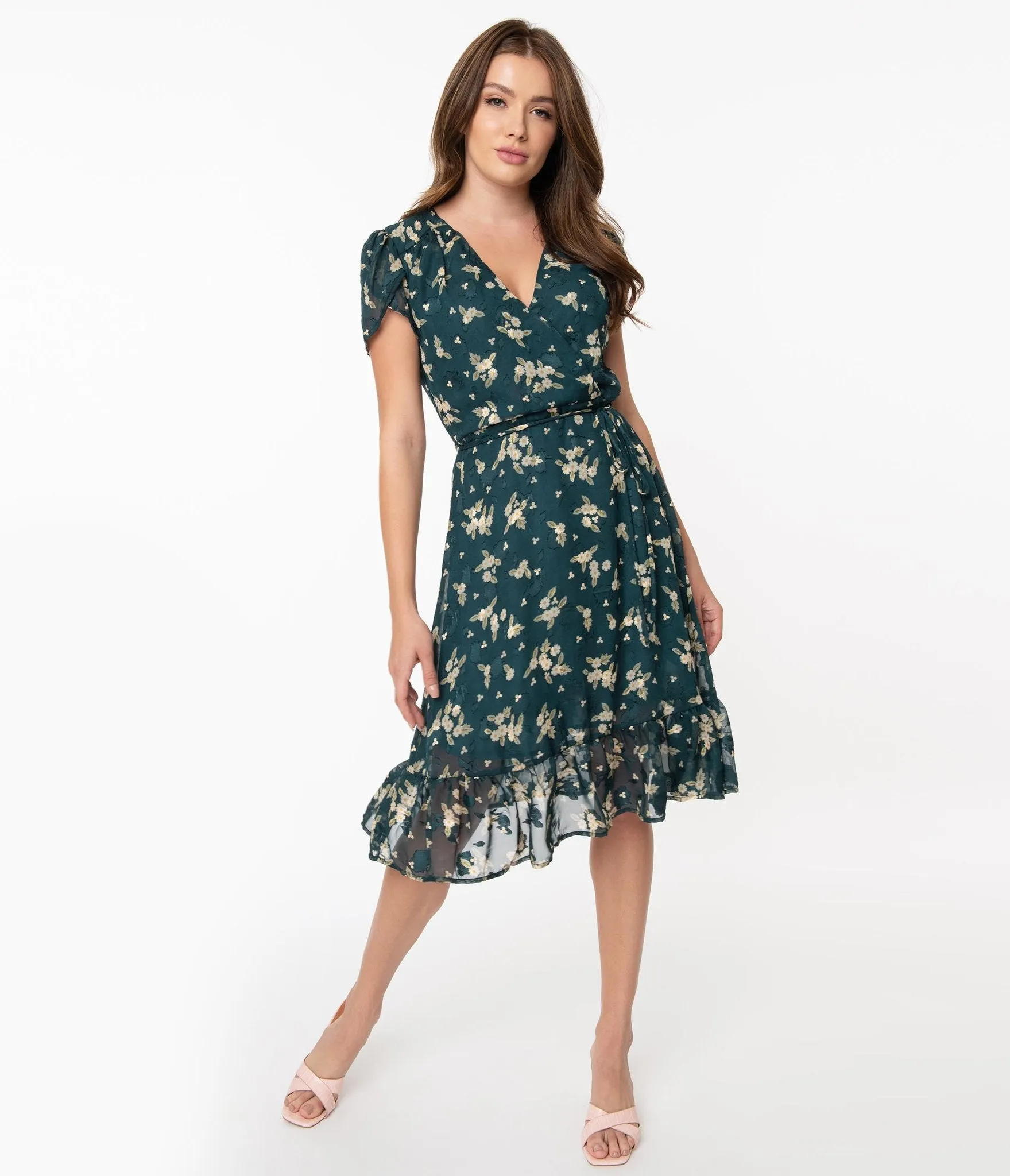 Smak Parlour Teal & White Floral Hide & Go Chic Midi Dress