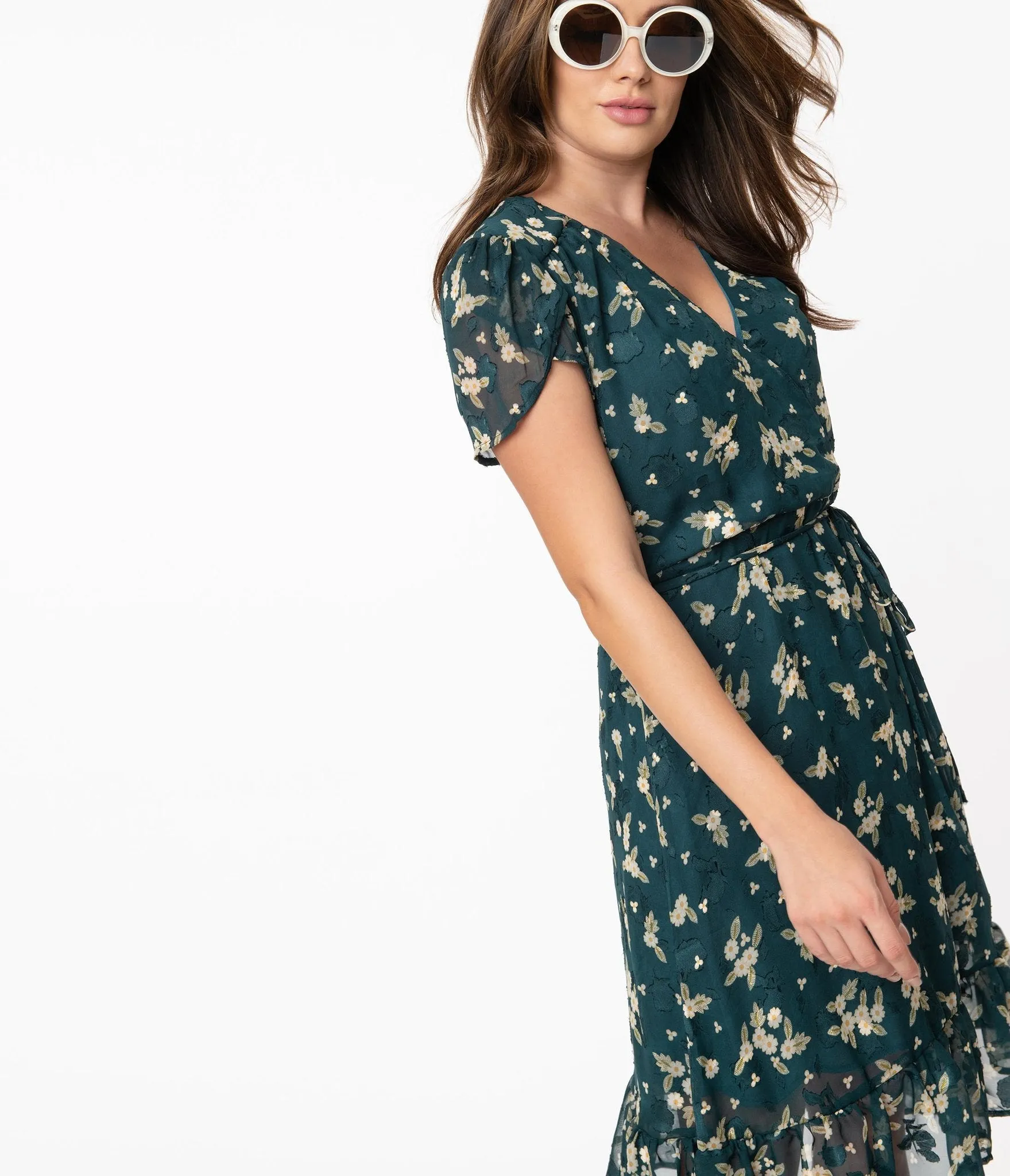 Smak Parlour Teal & White Floral Hide & Go Chic Midi Dress