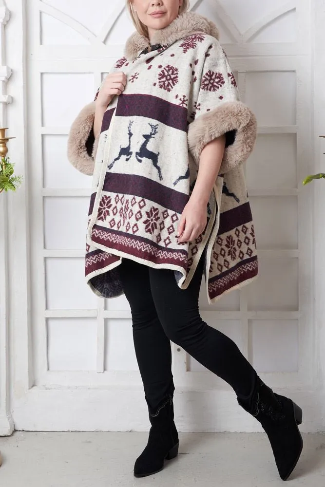 Snowflake Deer Print Faux Fur Poncho