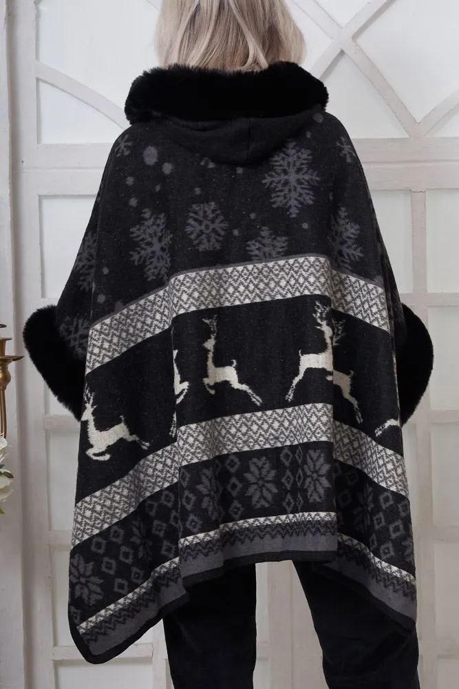 Snowflake Deer Print Faux Fur Poncho