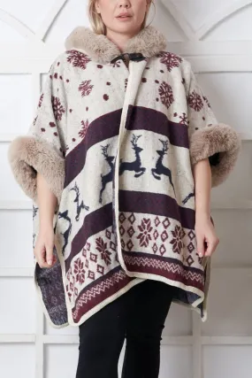 Snowflake Deer Print Faux Fur Poncho