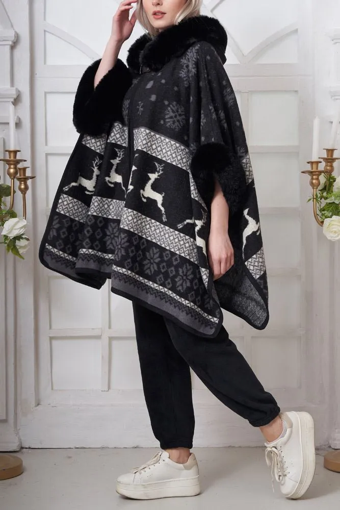 Snowflake Deer Print Faux Fur Poncho