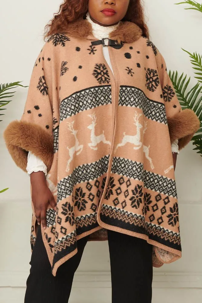 Snowflake Deer Print Faux Fur Poncho