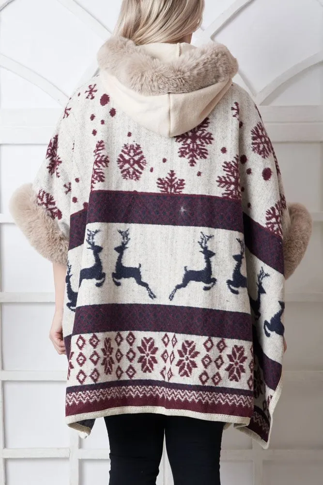 Snowflake Deer Print Faux Fur Poncho