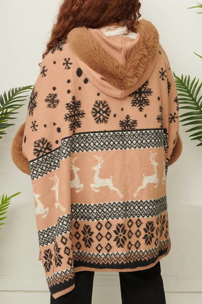 Snowflake Deer Print Faux Fur Poncho