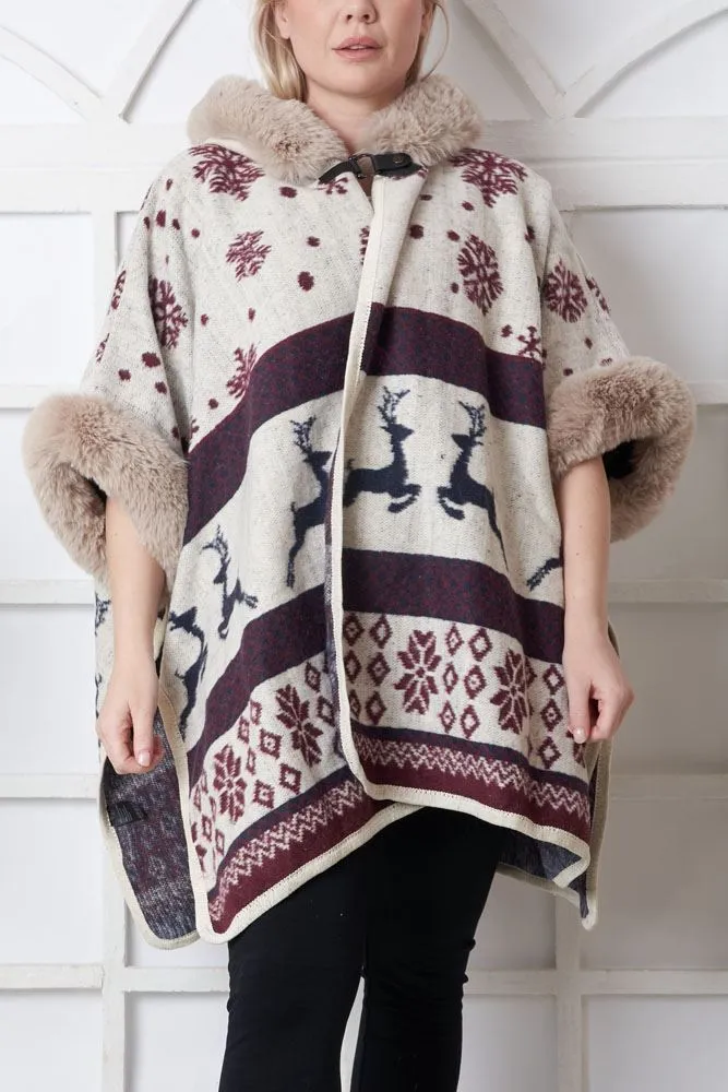 Snowflake Deer Print Faux Fur Poncho