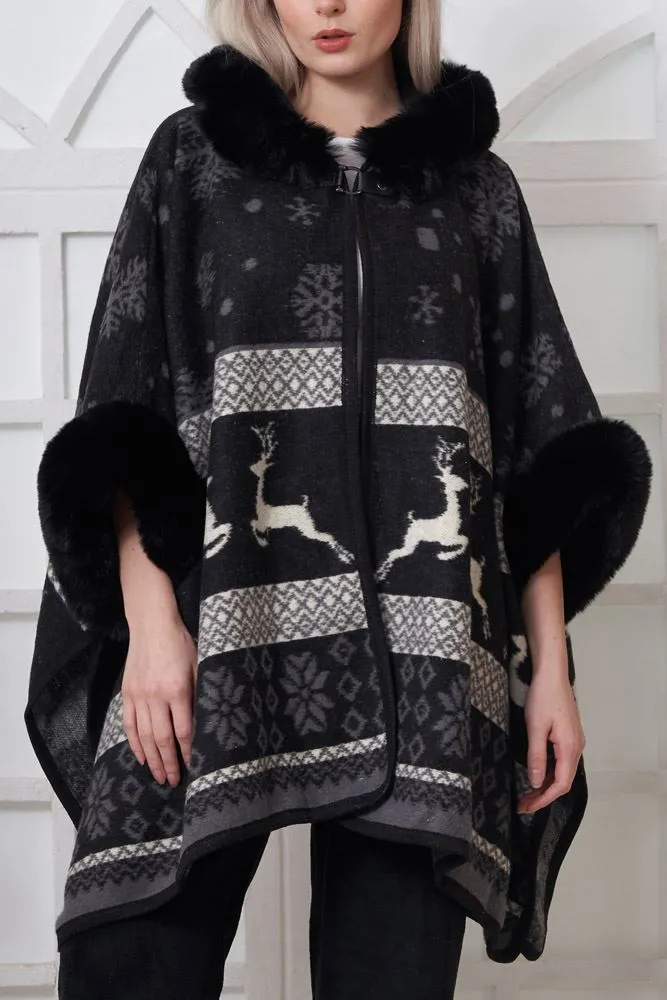 Snowflake Deer Print Faux Fur Poncho