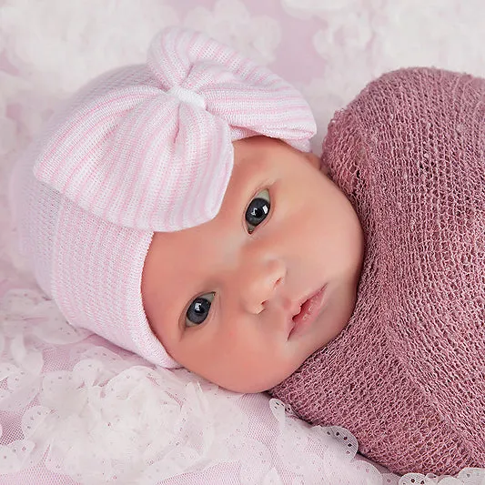 So Sweet Newborn Girl Hospital Hat With White Ribbon Center Striped Nursery Newborn Hat Infant Hat