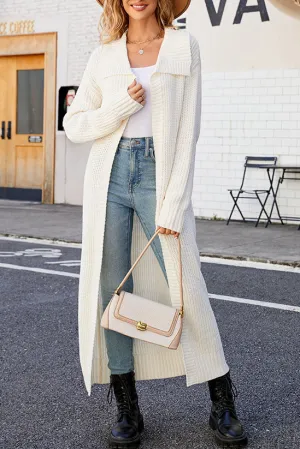 Solid color lapel long knitted cardigan