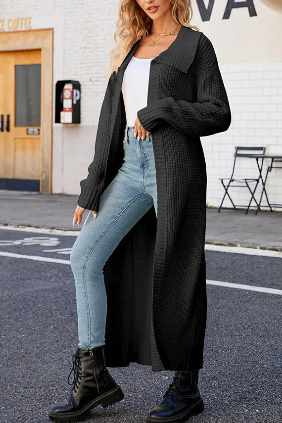 Solid color lapel long knitted cardigan