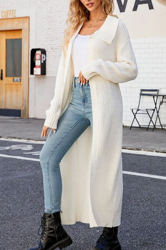 Solid color lapel long knitted cardigan