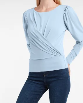 Solid Twist Front Puff Sleeve Tee in Dusk Blue