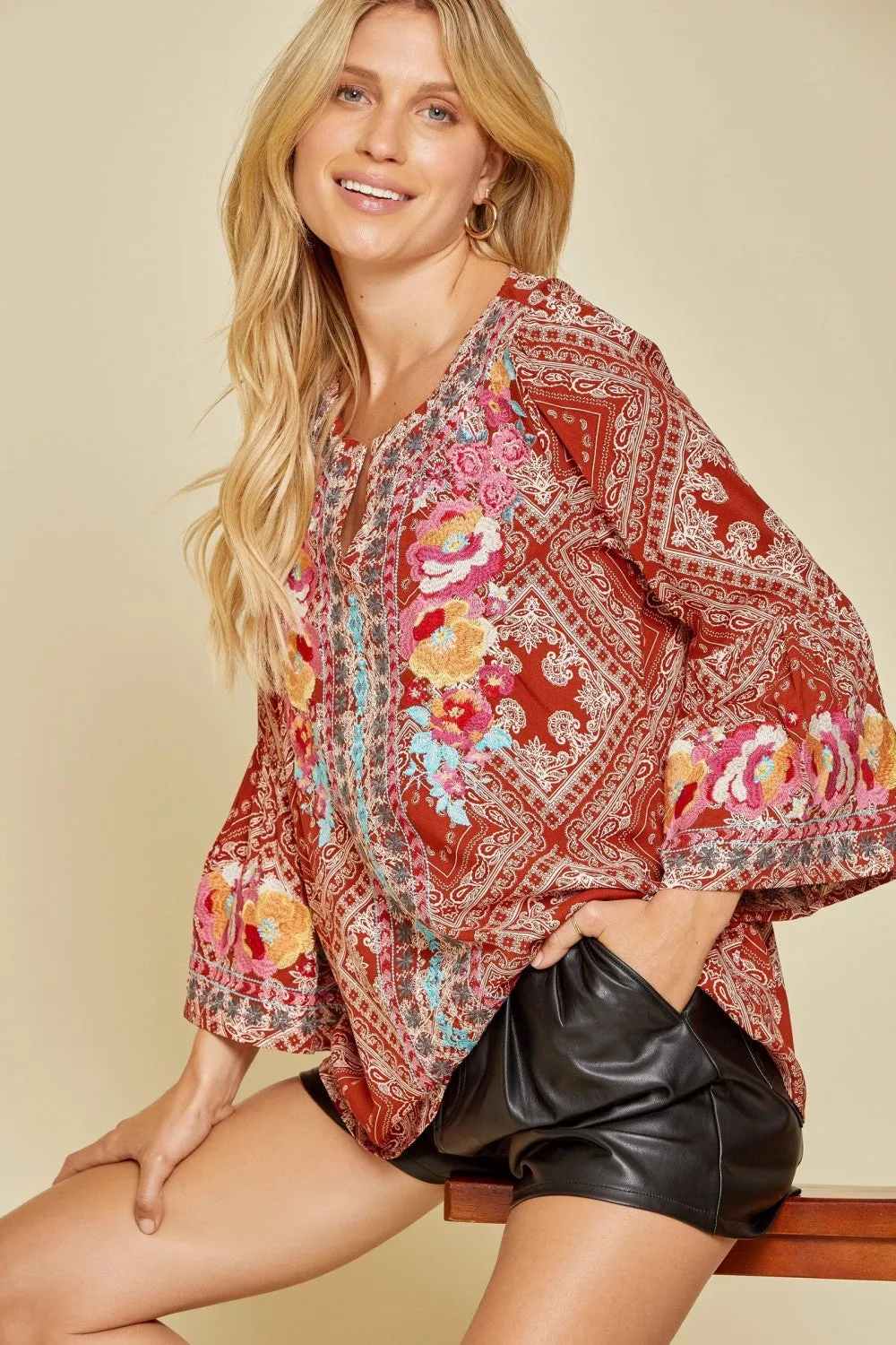 South Beach Embroidered Bandana Top, Rust